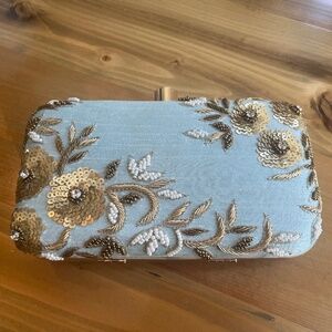 NEW Faux silk clutch purse light blue and gold perfect for wedding